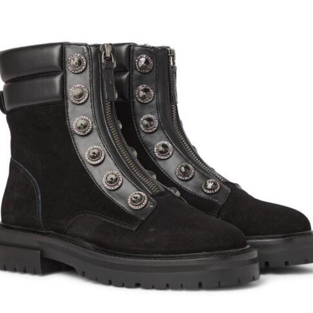 Kurt Geiger- Black Suede and Rhinestone Bobby Combat Boots. Size 41
